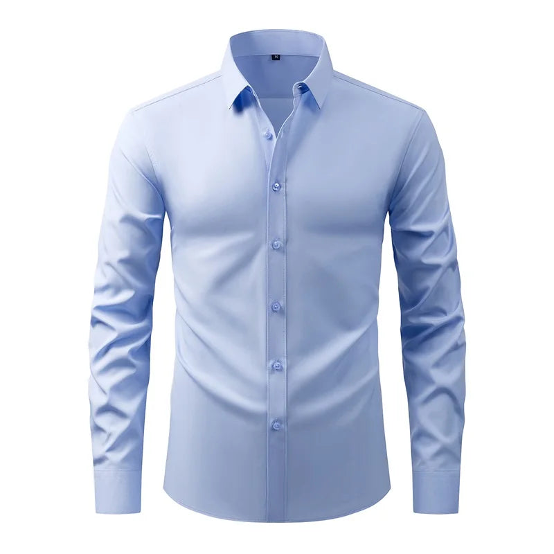 Men's Classic Button-Down Long Sleeve Shirt Solid Color Casual Business Top for Spring
