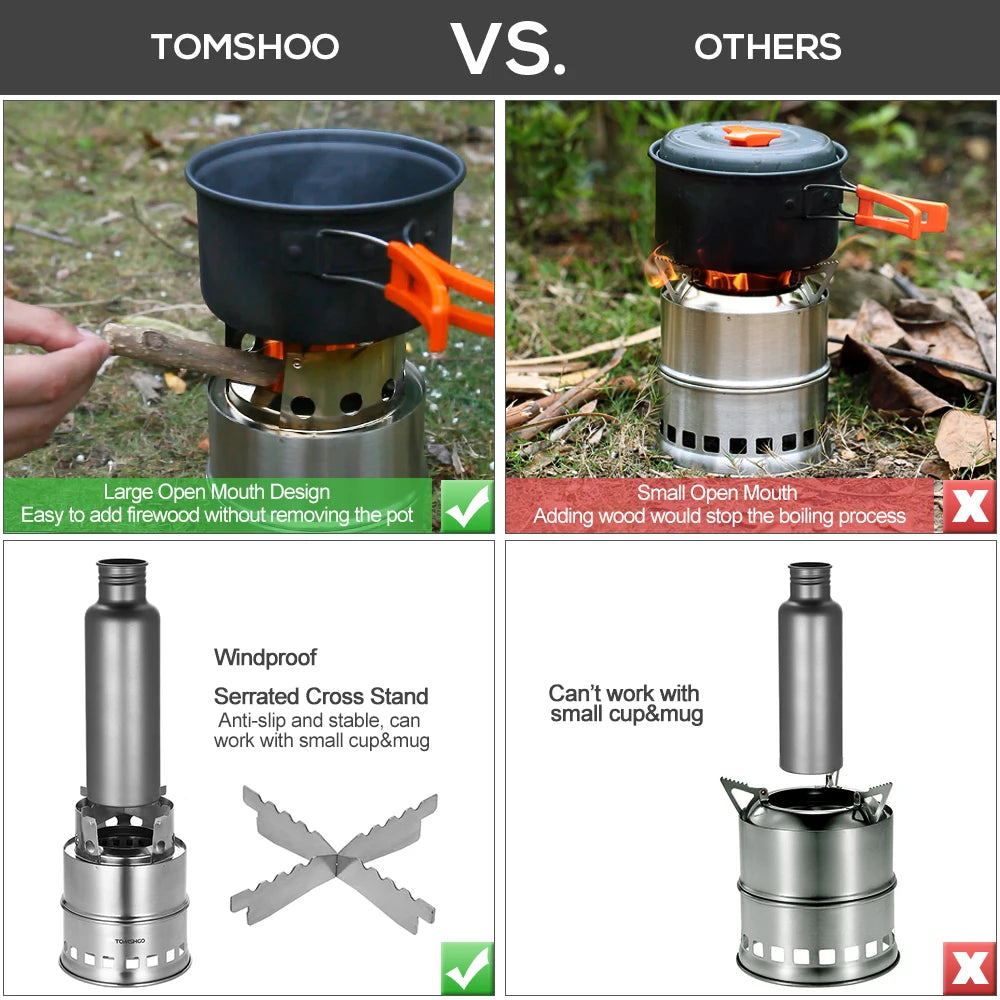 Portable Windproof Camping Stove with Foldable Handle and Wood Ash Plate for Backpacking