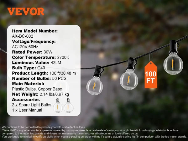 VEVOR Dimmable LED Outdoor String Lights 2700K Waterproof Patio Lights for Garden Balcony