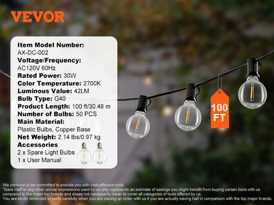 VEVOR Dimmable LED Outdoor String Lights 2700K Waterproof Patio Lights for Garden Balcony