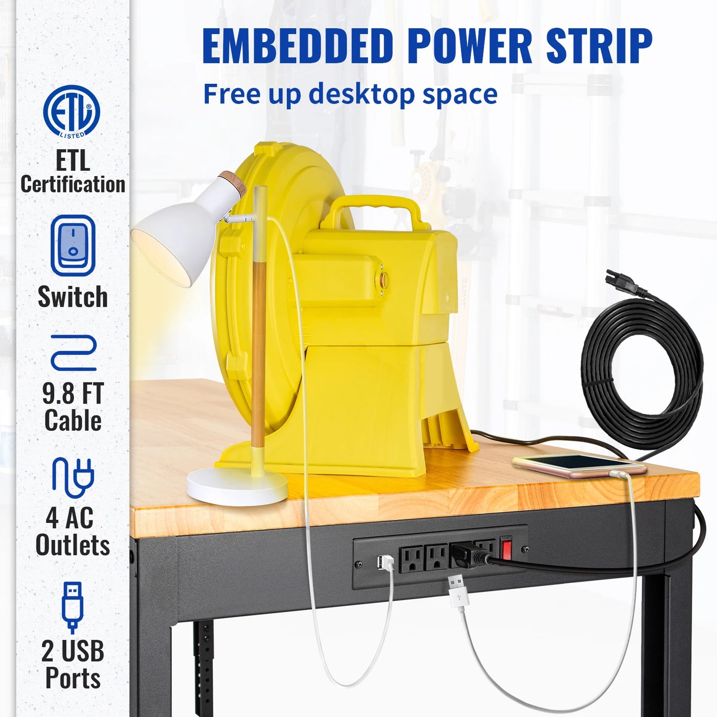 SucceBuyMulti Adjustable Workbench Woodworking Hardwood Work Bench with Power Outlets Foot Pads for Workshop DIY Office Home Use