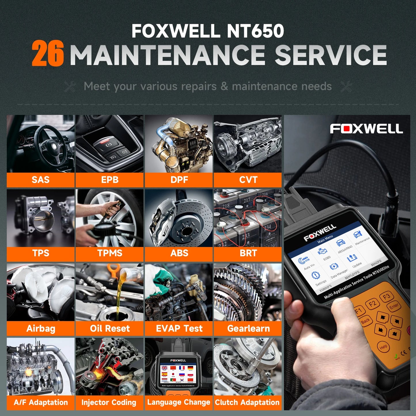 Foxwell NT650 Elite OBD2 Automotive Scanner with 26 Plus Reset Functions for Professional Diagnostics