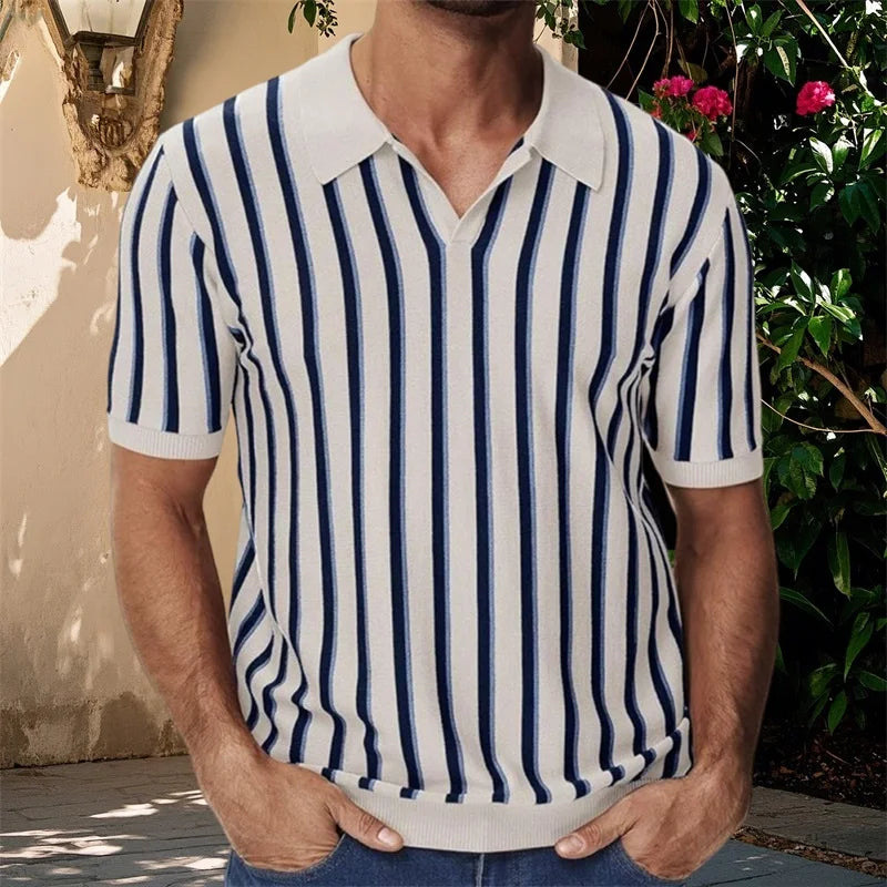 Men's Fit Striped Knit Shirt with Lapel V Neck - Stylish Summer Streetwear Top