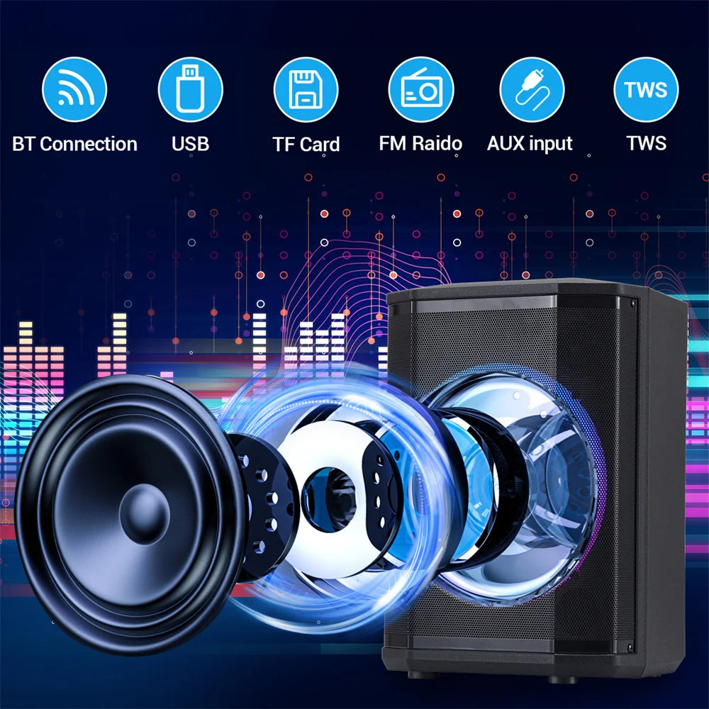 5000W Portable Bluetooth Party Speaker with 8 Inch Subwoofer and DJ LED Lights