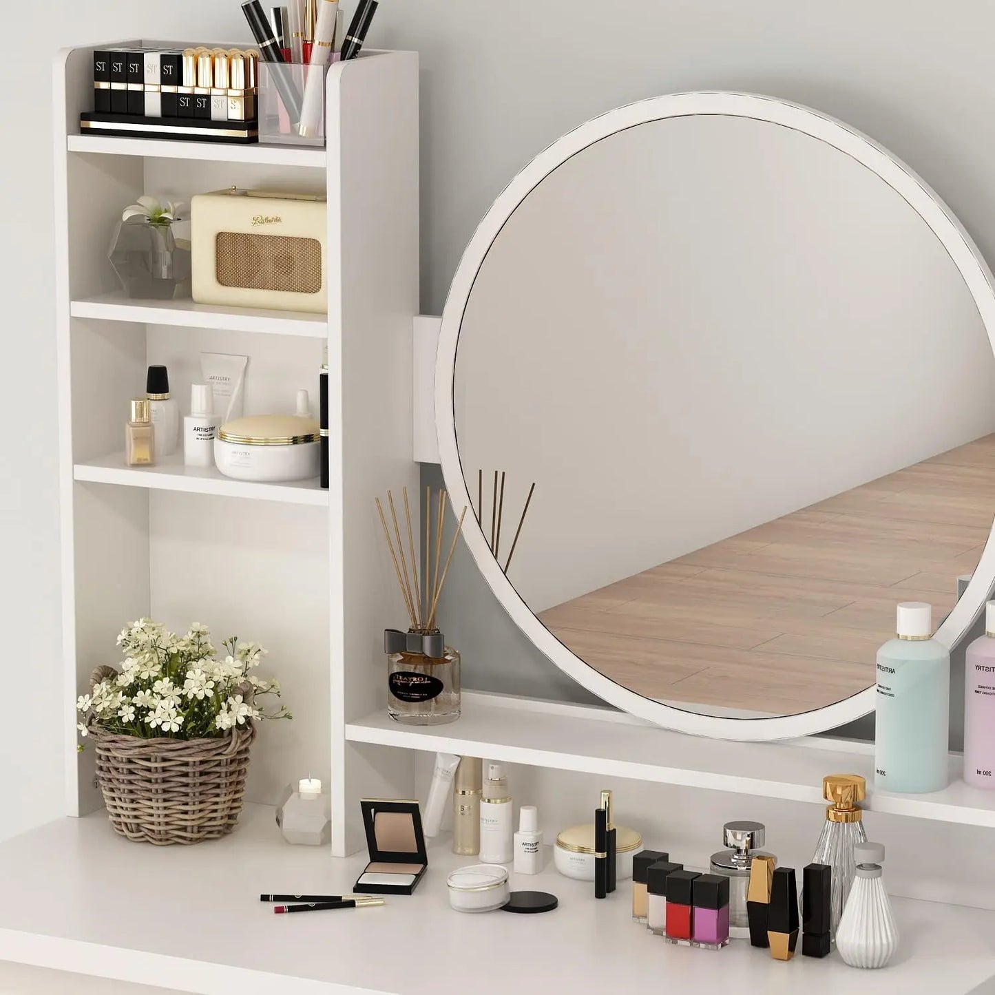 Vanity Desk Set with Round Mirror, Makeup Dressing Table with 5 Drawers, Storage Shelves & Cushioned Stool for Bedroom, White
