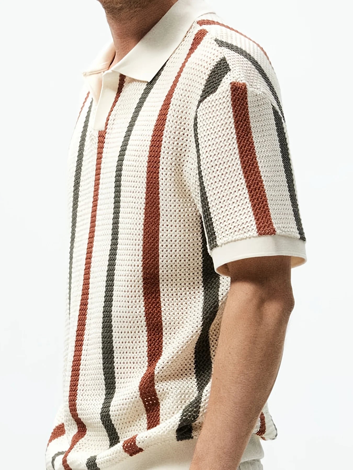 Men's Summer Chunky Knit Polo Shirt With Stripes Casual Short Sleeve Top for Outings