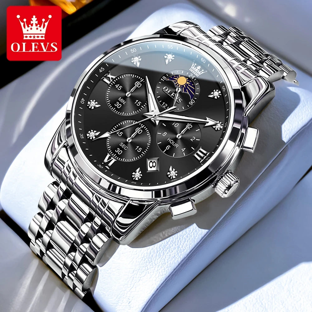 OLEVS Luxury Men's Moon Phase Chronograph Quartz Watch Gold Stainless Steel Luminous