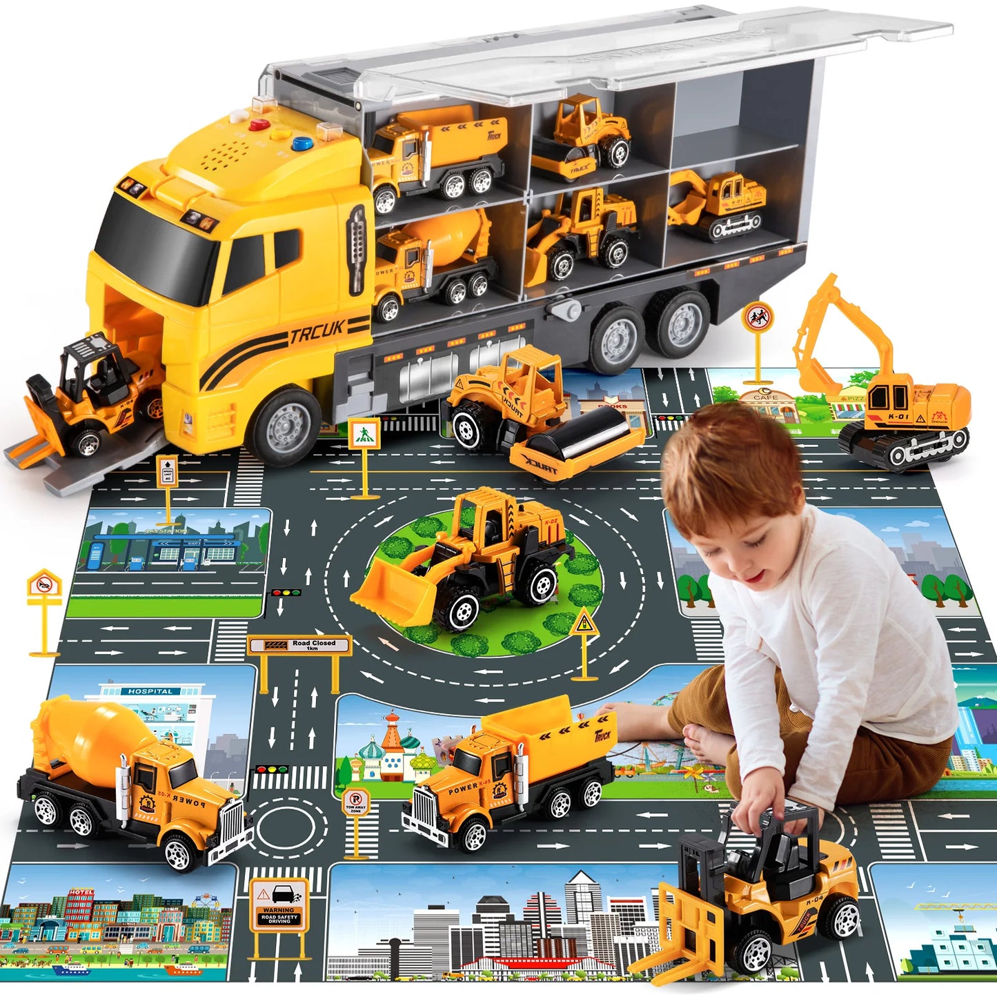 Kids Transport Truck Fire Cars Toy Set with Play Mat and 6 Mini Vehicle Gifts