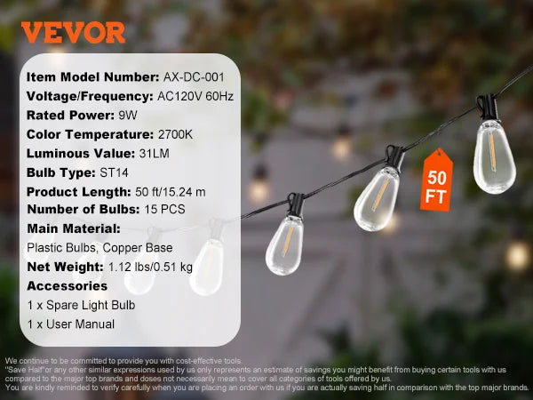VEVOR Dimmable LED Outdoor String Lights 2700K Waterproof Patio Lights for Garden Balcony