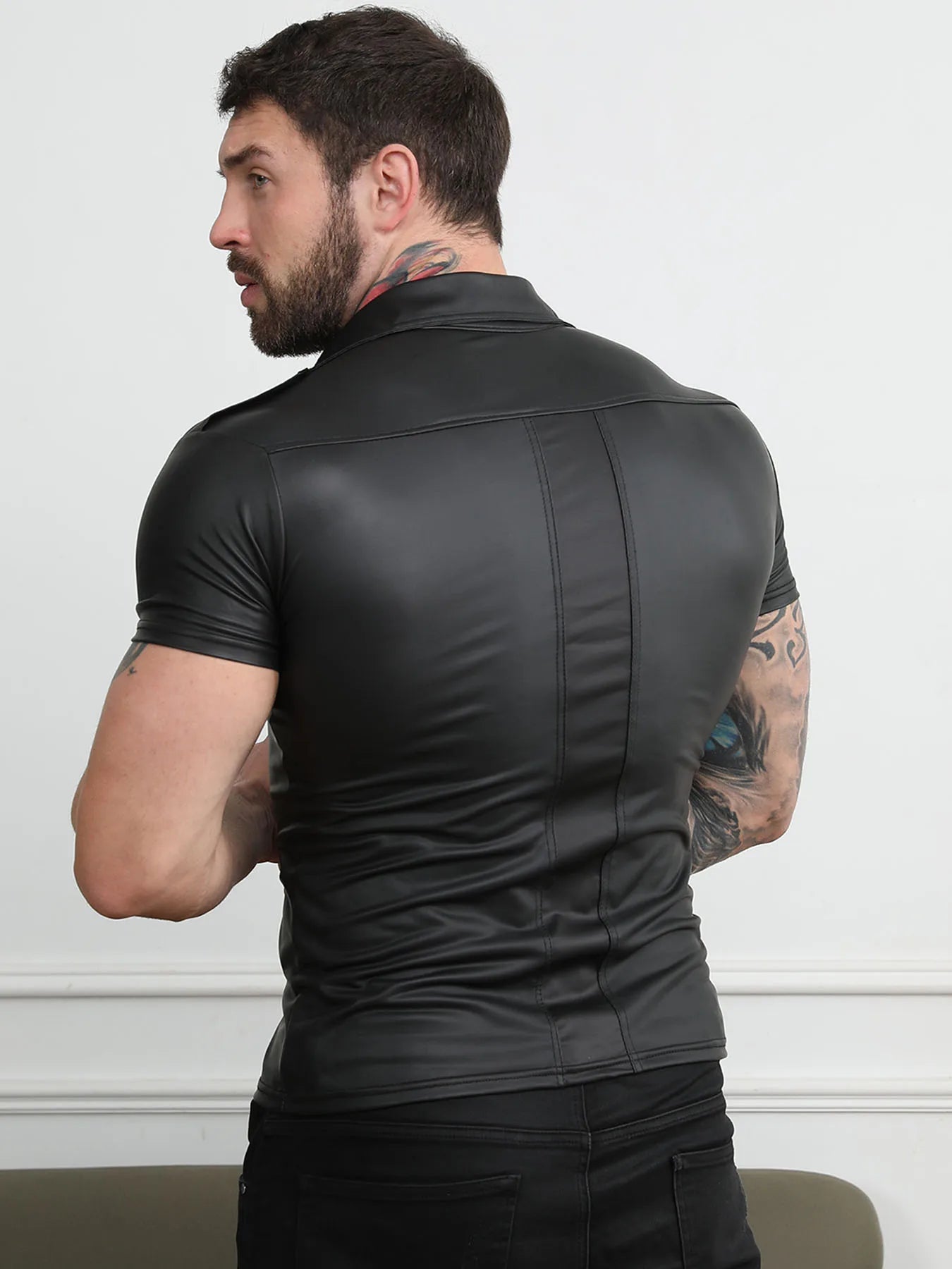 Men's Faux Leather Short Sleeve Collared Shirt for Casual Motorcycle and Party Wear
