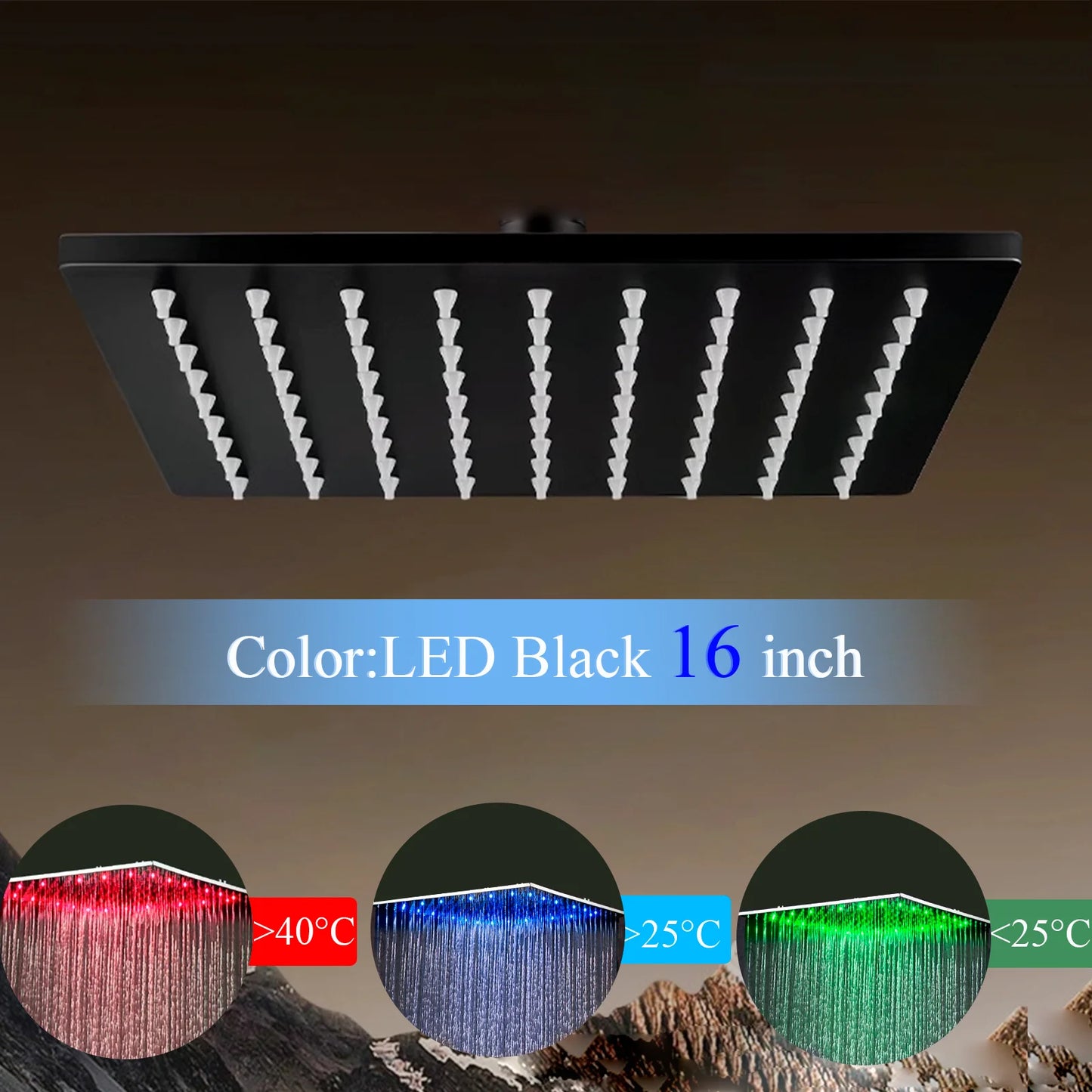 Chrome Bathroom 16inch Large Rainfall Shower Faucet  LED Spray Wall Mounted Hot Cold Tap 3 Color Changing Head Home Replace