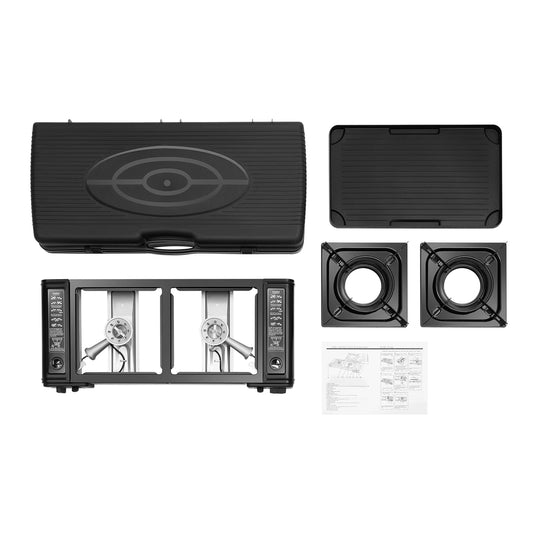 2-in-1 Portable 2-Burner Butane Camping Stove Kit with Baking Pan and Carrying Case