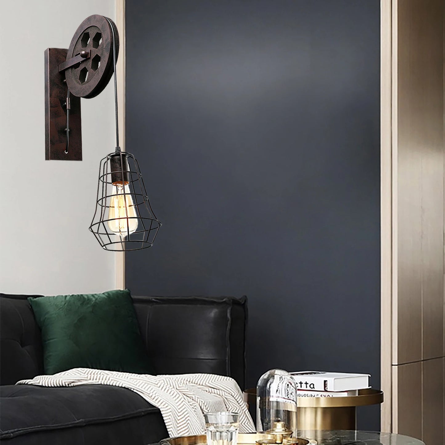 19.6" x 6.5" Country Retro Wall Lamp Industrial Vintage Rusty Wheel Pulley Wall Light for Indoor Living Room Bedroom Lighting