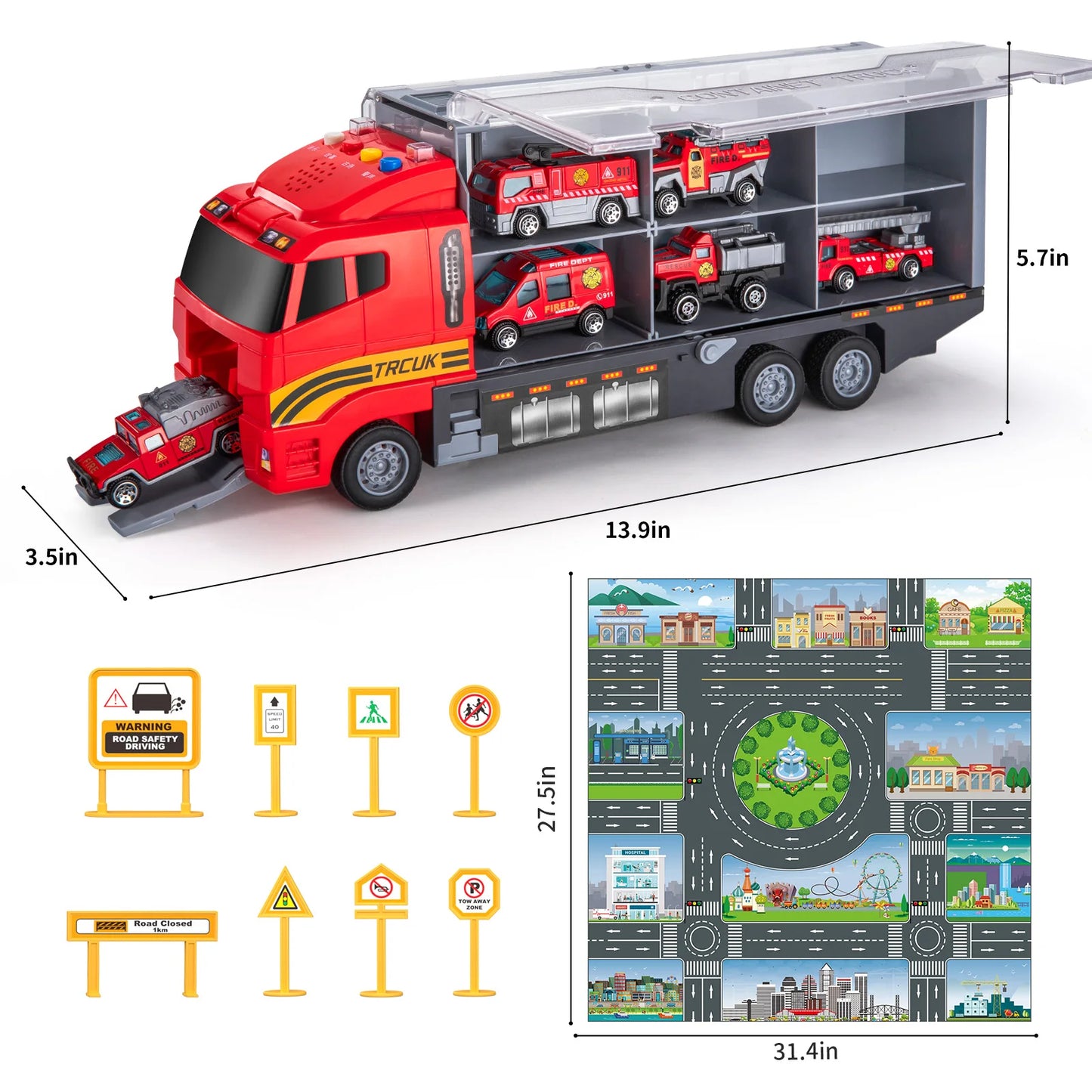 Kids Transport Truck Fire Cars Toy Set with Play Mat and 6 Mini Vehicle Gifts