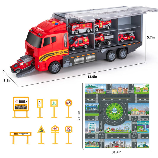 Kids Transport Truck Fire Cars Toy Set with Play Mat and 6 Mini Vehicle Gifts