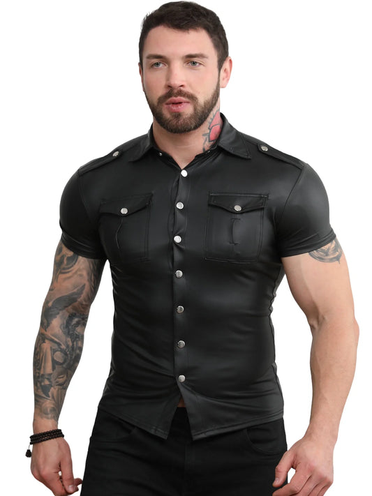 Men's Faux Leather Short Sleeve Collared Shirt for Casual Motorcycle and Party Wear