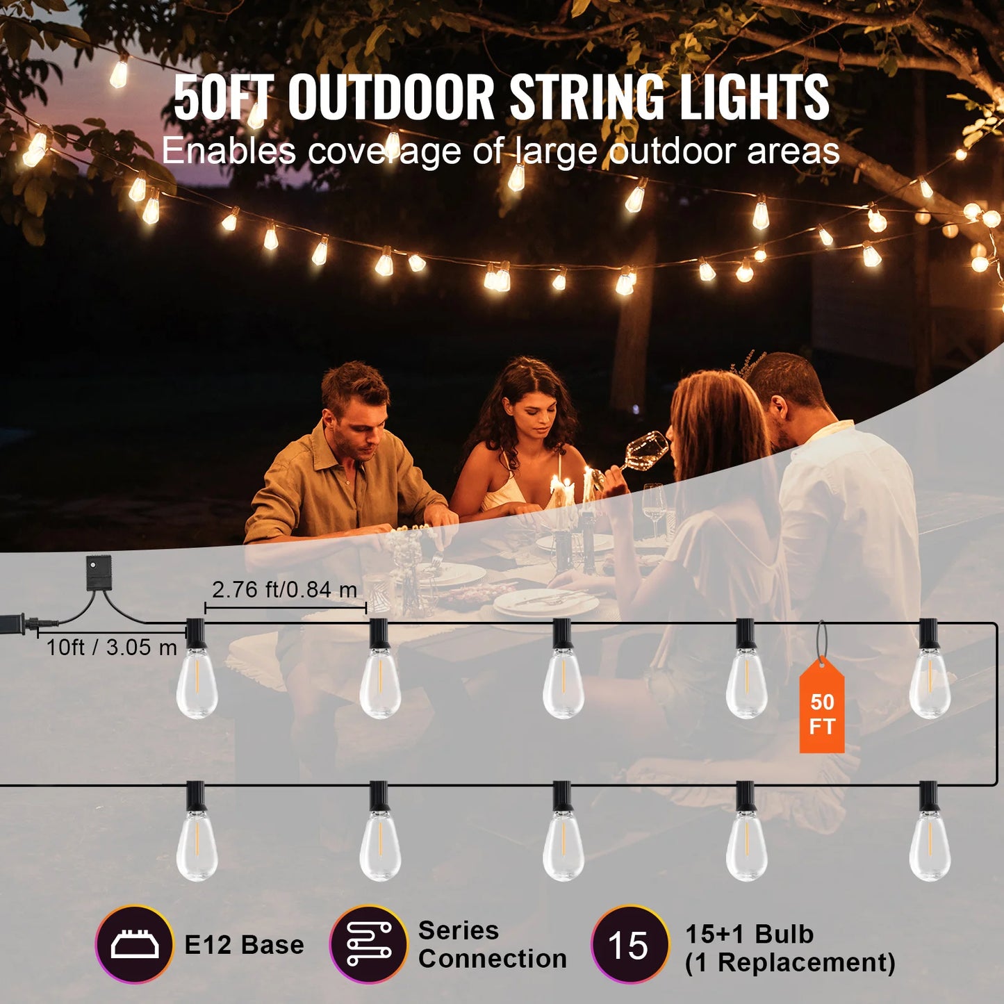 VEVOR Dimmable LED Outdoor String Lights 2700K Waterproof Patio Lights for Garden Balcony