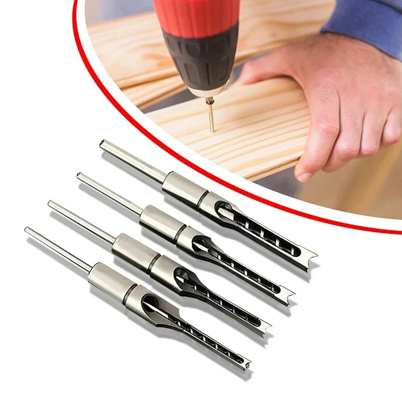 Meikela 4pcs Square Hole Drill Bit Set for Woodworking Round Shank Auger Bits
