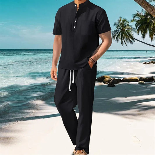 Men's Casual 2 Piece Outfit Short Sleeve Henley Top and Drawstring Pants Set