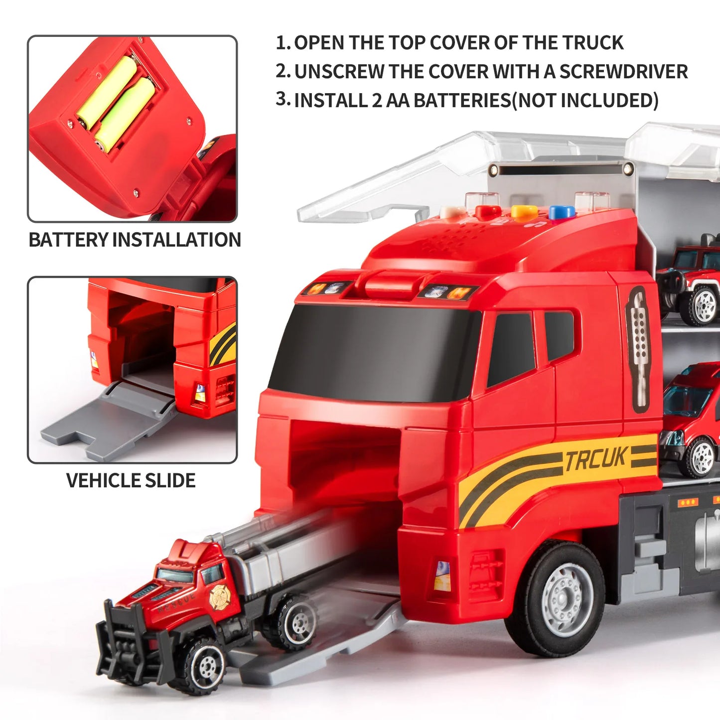 Kids Transport Truck Fire Cars Toy Set with Play Mat and 6 Mini Vehicle Gifts