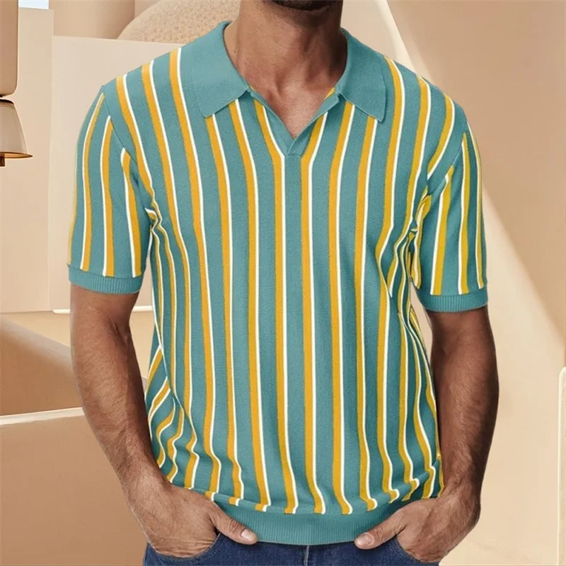 Men's Fit Striped Knit Shirt with Lapel V Neck - Stylish Summer Streetwear Top