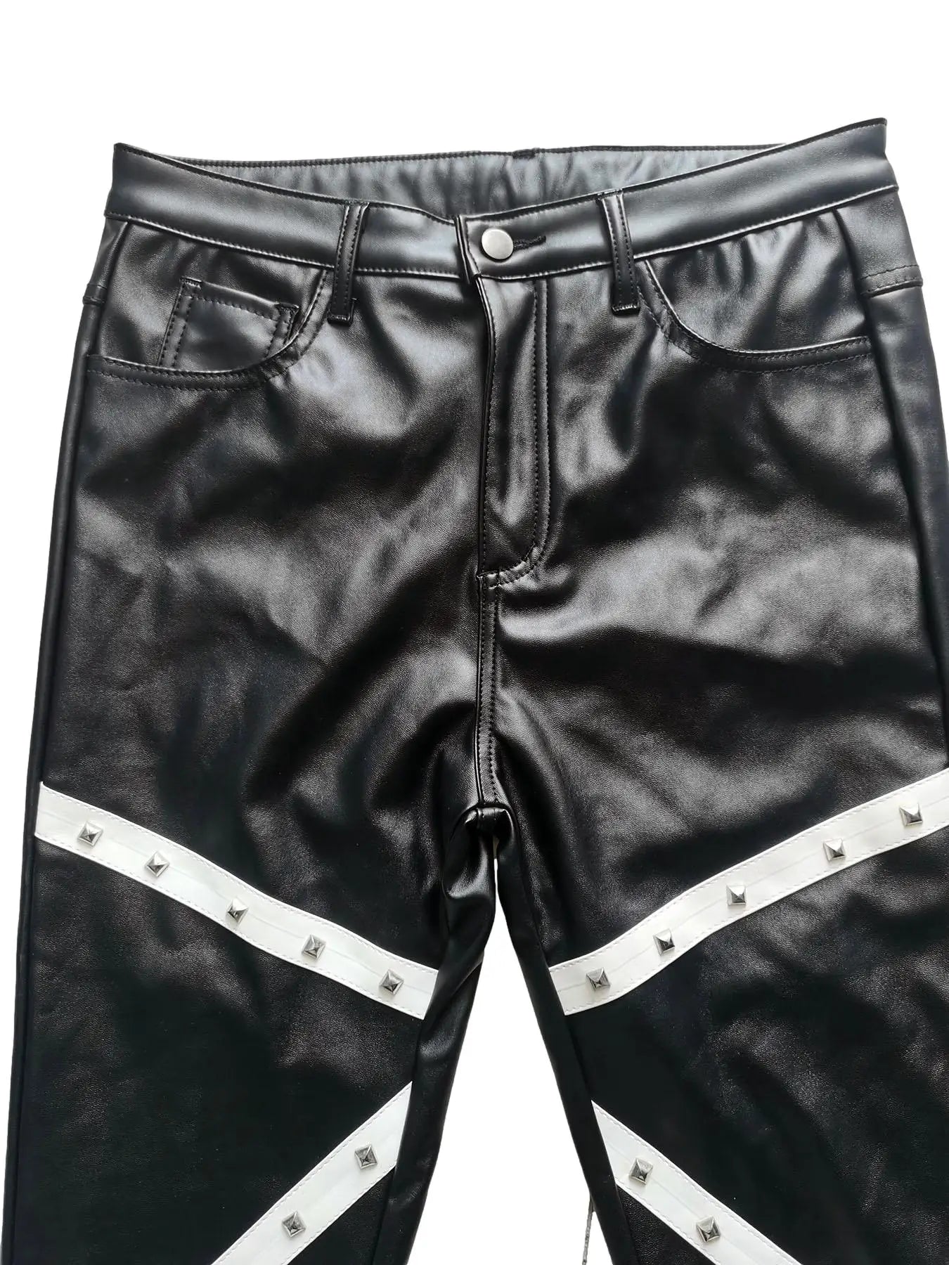 Men's Gothic Rock Punk Biker Slim Faux Leather Studded Stretch Pants for Dance Parties
