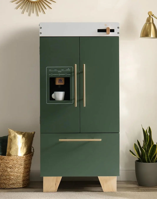 Robotime Wooden Vintage Green Toy Fridge Play Kitchen Set with Accessories for Kids
