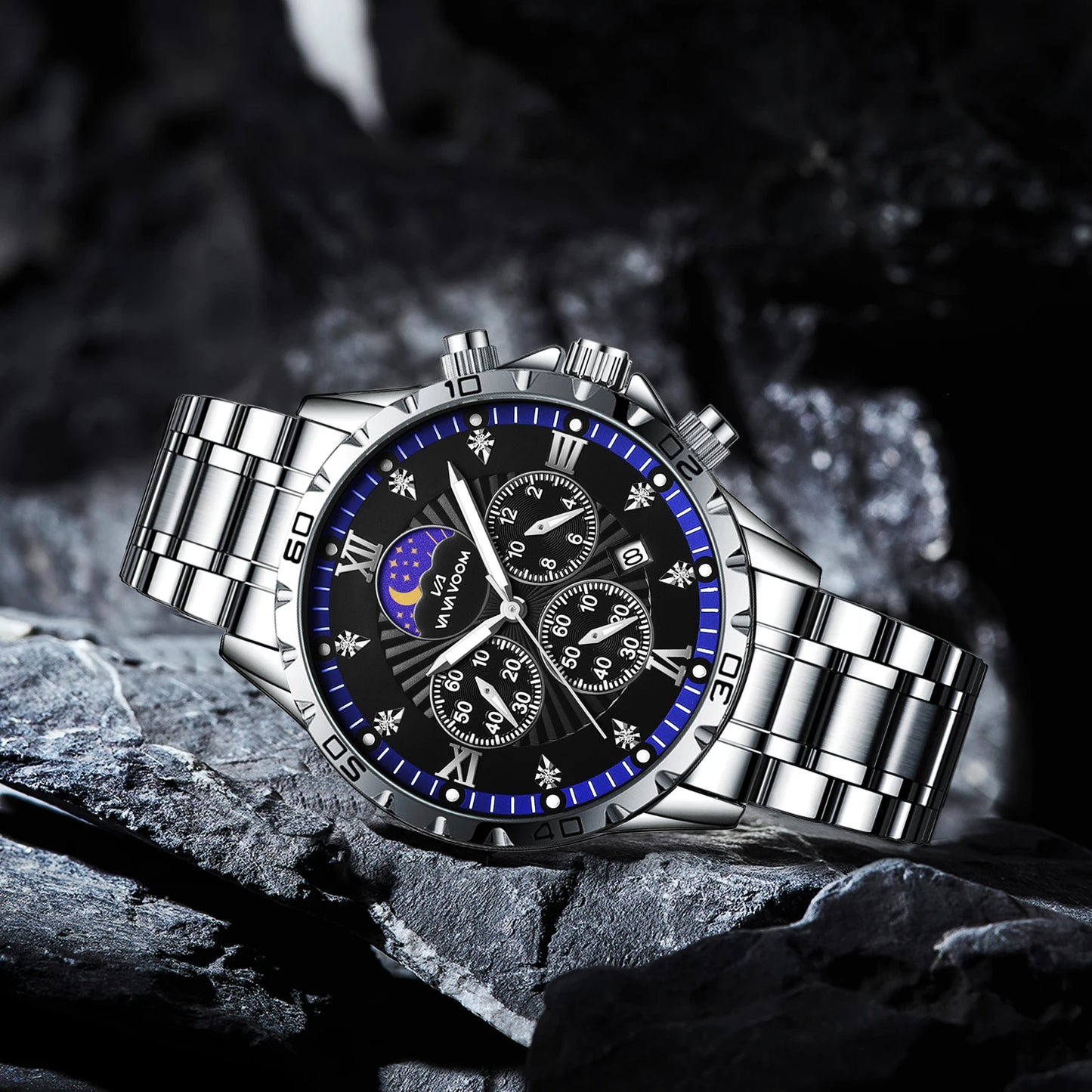 Men's Luxurious Rhinestone Moonlight Quartz Watch Stainless Steel Multifunctional Business