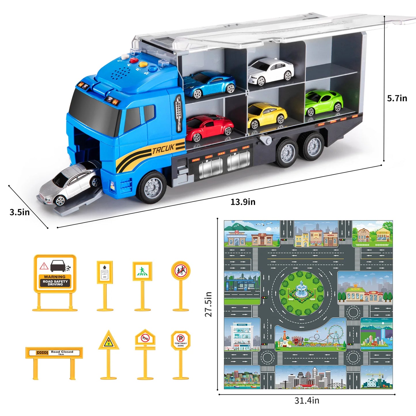 Kids Transport Truck Fire Cars Toy Set with Play Mat and 6 Mini Vehicle Gifts