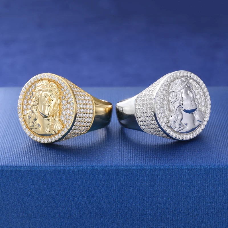 S925 Moissanite Jesus Head Ring for Men and Women Fashion Religious Amulet Jewelry