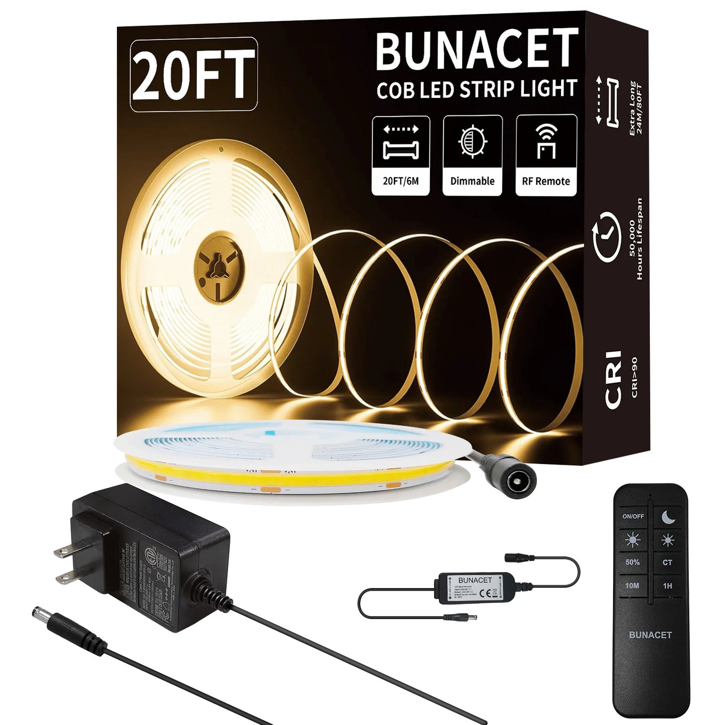 COB LED Strip Light 40ft/12m (1 Roll) Warm White 3000K High Lumen CRI 90+ with UL Listed RF Remote LED Strip for Bedroom Kitchen
