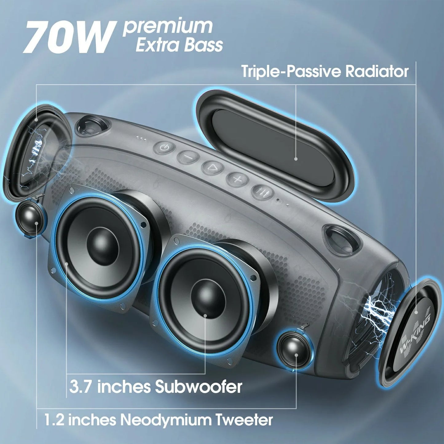 W-KING 70W Waterproof Portable Bluetooth Speaker with Deep Bass and Triple Passive Radiators