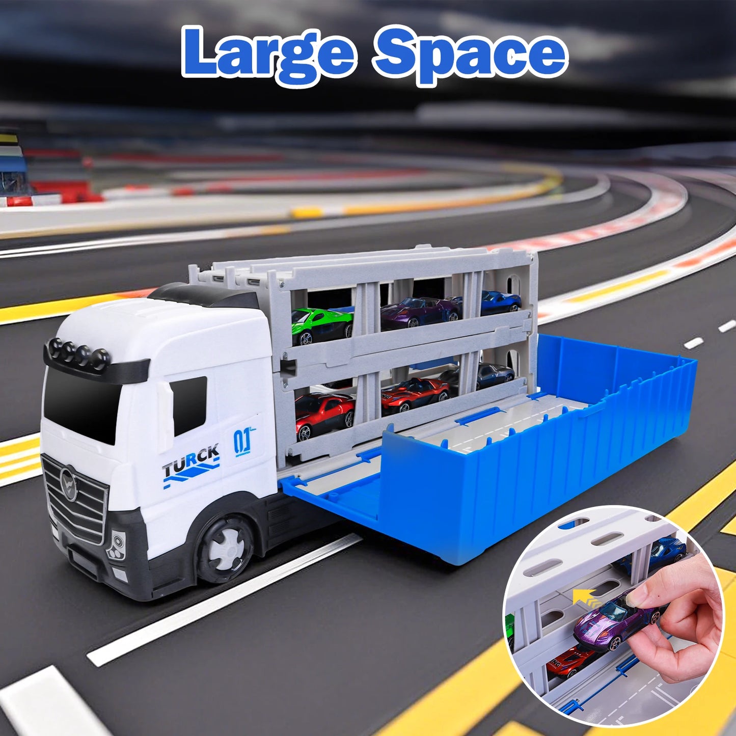 Large Kids Transporter Truck Toy With Rail And 8 Car Models Perfect Birthday Gift