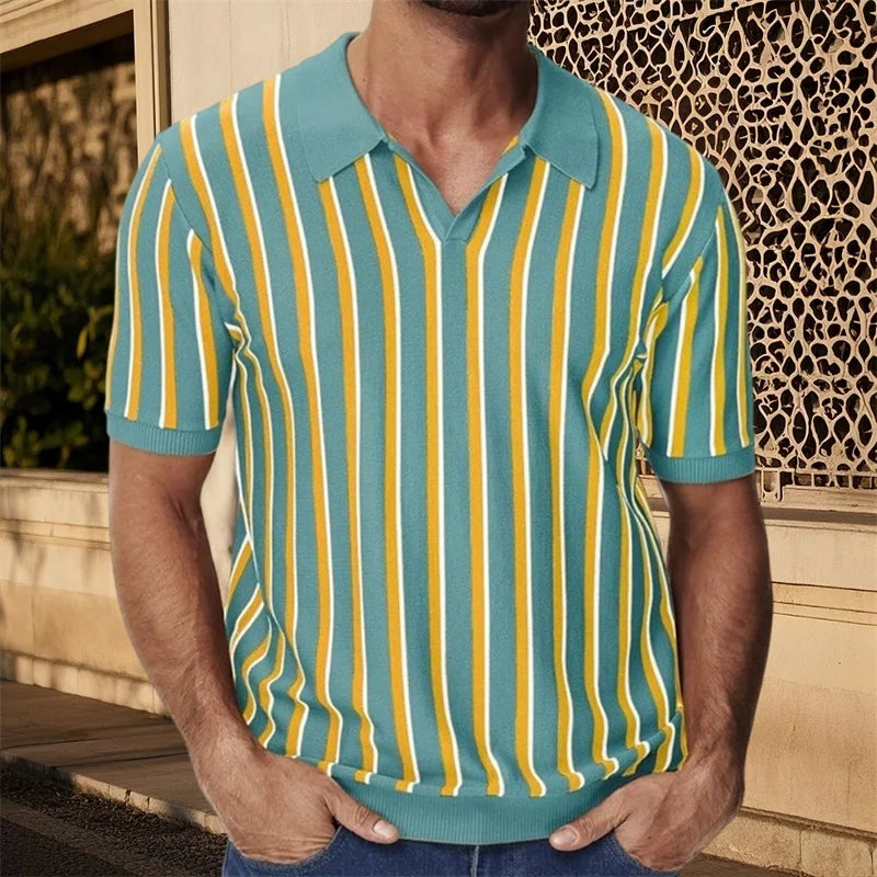 Men's Fit Striped Knit Shirt with Lapel V Neck - Stylish Summer Streetwear Top
