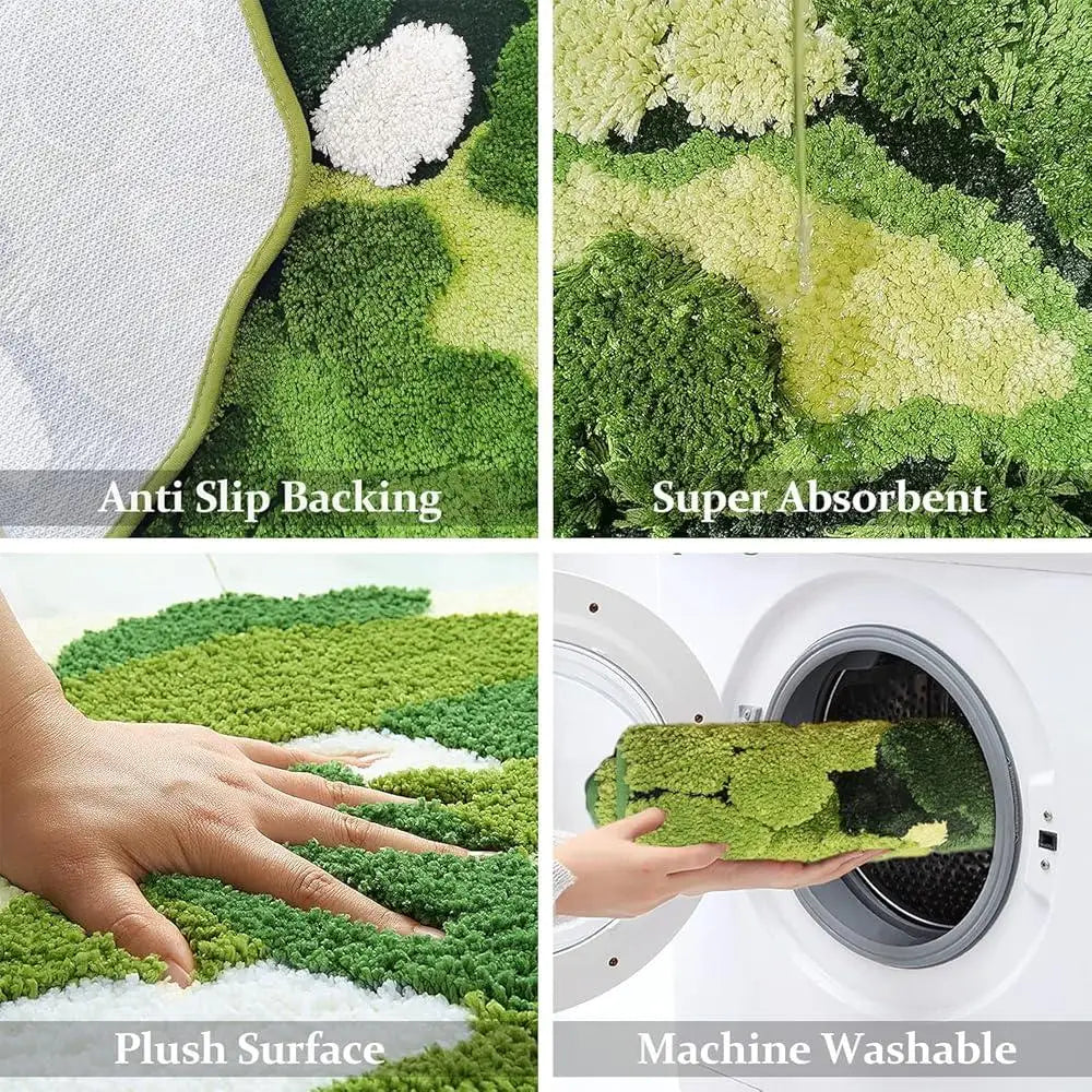 Cute Green Moss Bathroom Runner Rug Shaggy Non Slip Bath Mat Absorbent Shower Carpet Plush Leaf Design Multi Purpose Home Decor