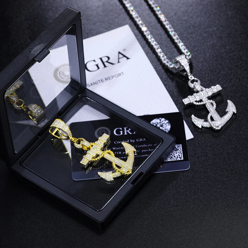 Moissanite Anchor Necklace in 925 Sterling Silver Iced Out Hip Hop Jewelry for Unisex