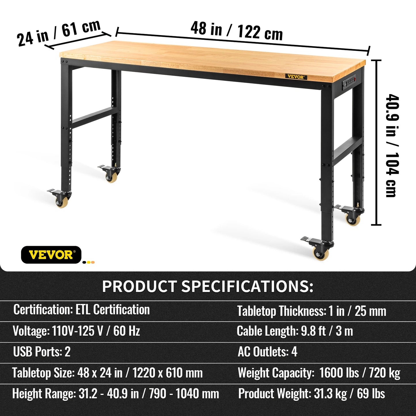 SucceBuyMulti Adjustable Workbench Woodworking Hardwood Work Bench with Power Outlets Foot Pads for Workshop DIY Office Home Use