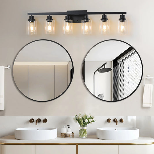 6-Light Bathroom Vanity Light Industrial Metal Fixture with Clear Glass Shades Wall Mount Mirror Lighting for Bathroom (No Bulb)