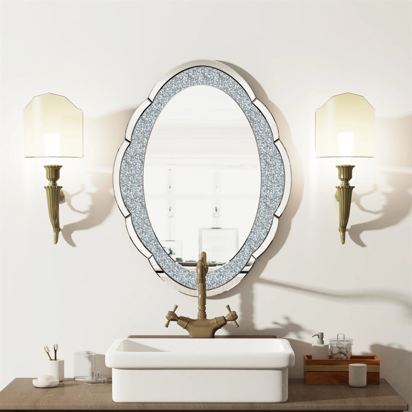 Decor Wall Mirror Arch Crystal Crushed Diamonds Vanity Accent Mirror  600x800mm for Entryway Hallway, Bedroom,Hotel Wall Decor