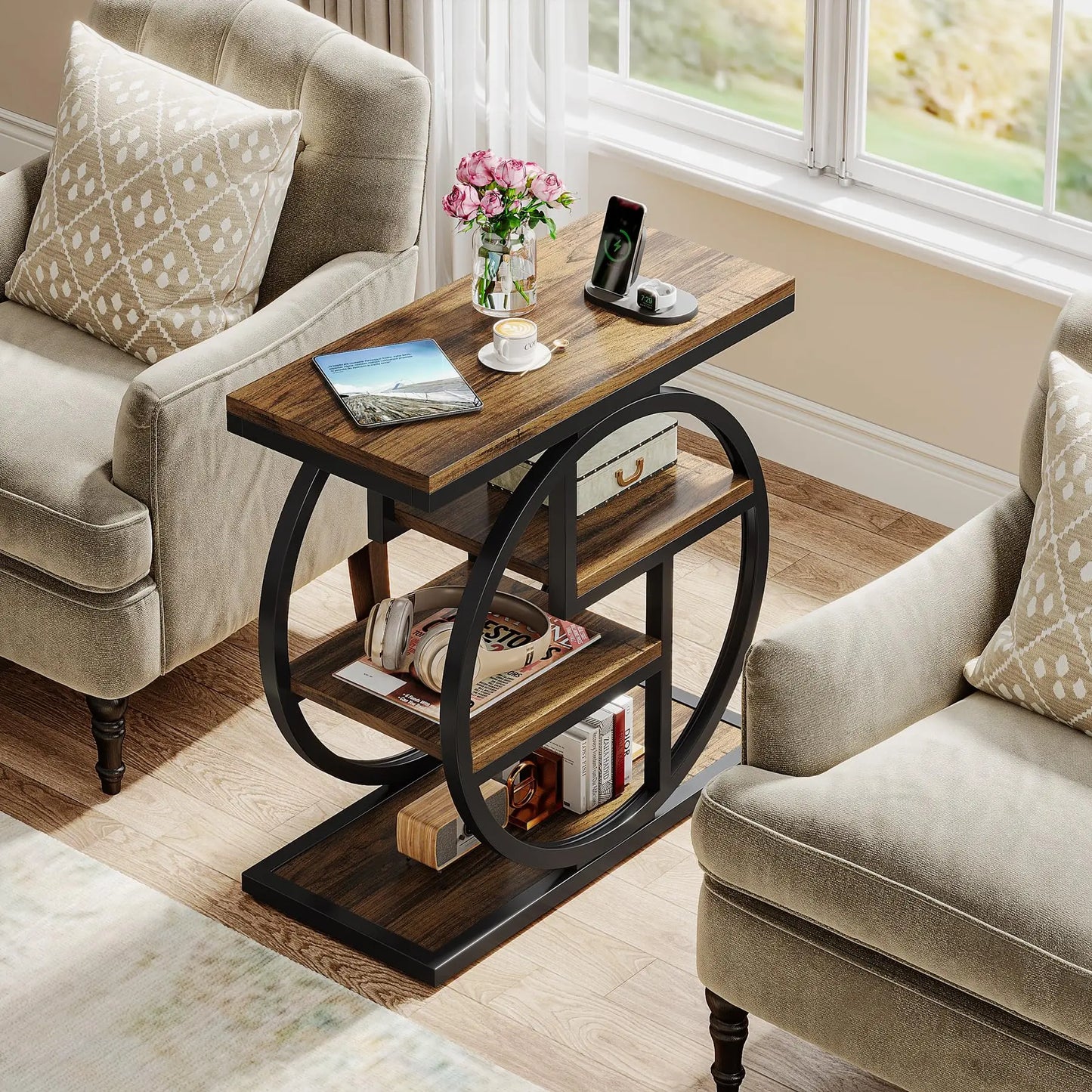 Tribesigns End Table for Living Room, 4-Tier Narrow Side Table with Storage Shelves, Industrial Bedside Table for Bedroom, Wood