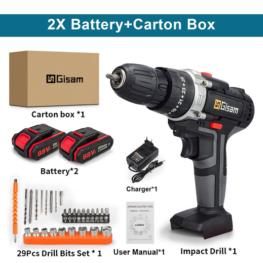 25+3 Torque Cordless Drill Electric Screwdriver Rechargeable Electric Drill Lithium-Ion Battery 2 Speed DIY Driver Power Tools