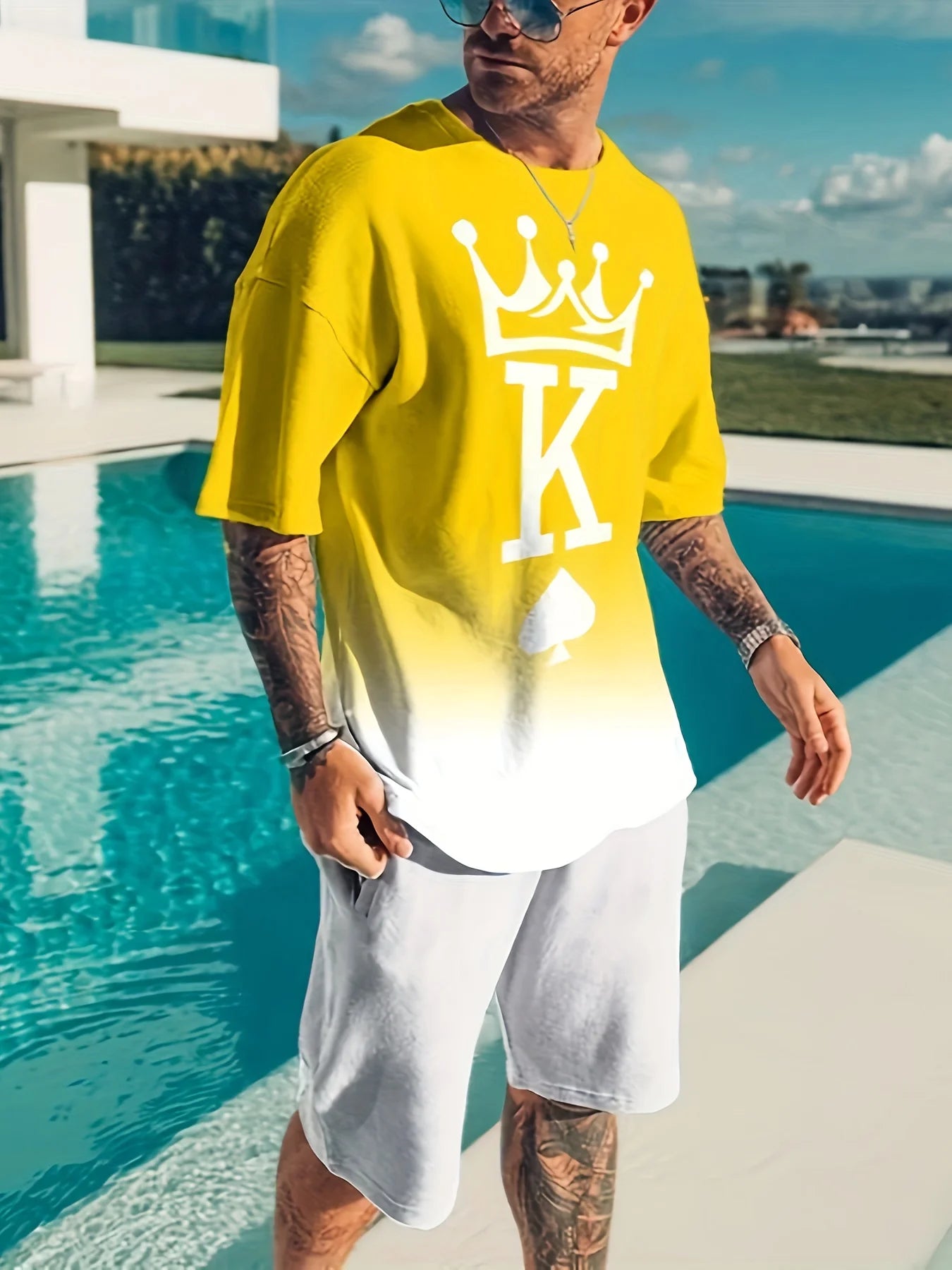 Men's Trendy Round Neck Short Sleeve Two Piece Suit with 3D Digital Print for Summer