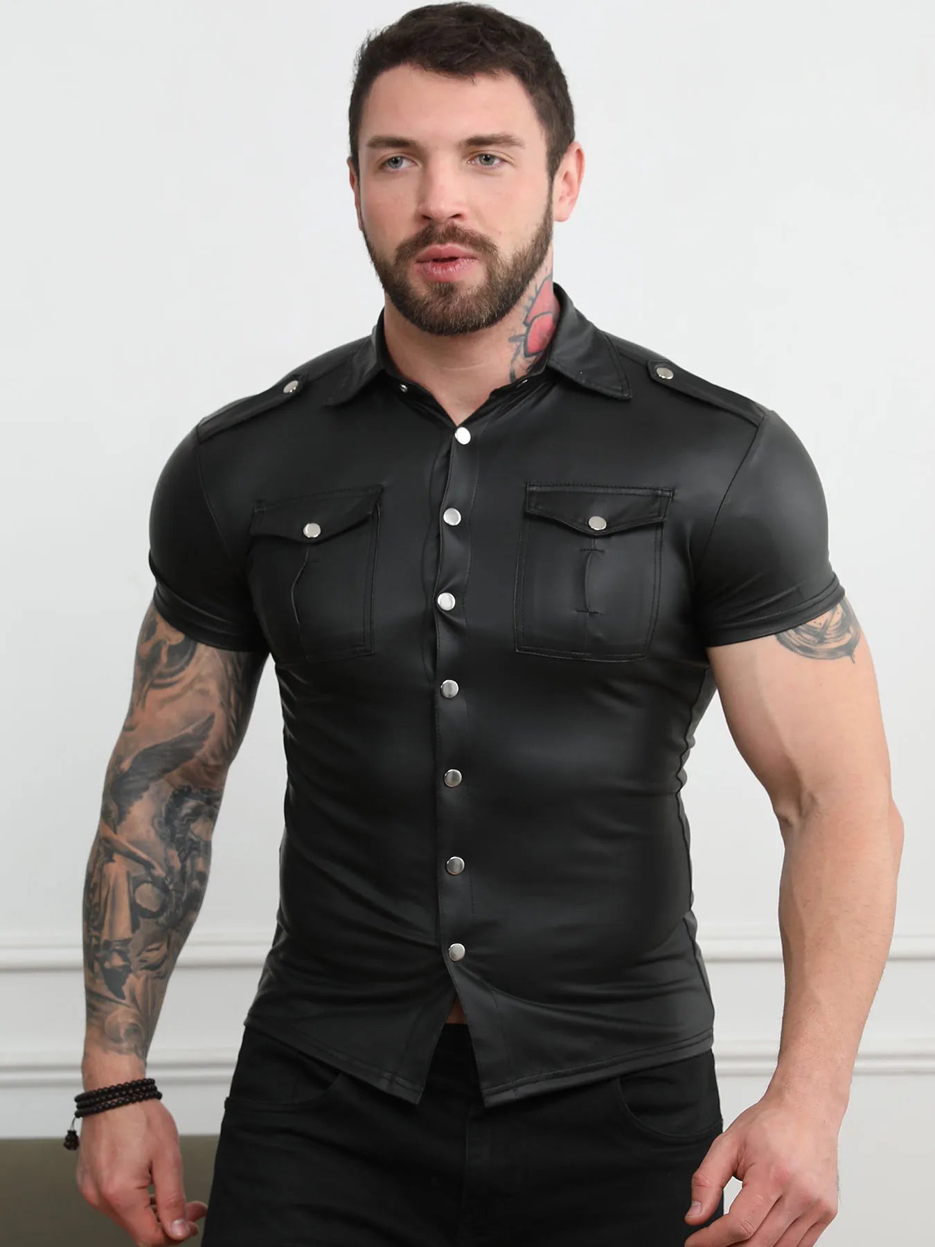 Men's Faux Leather Short Sleeve Collared Shirt for Casual Motorcycle and Party Wear