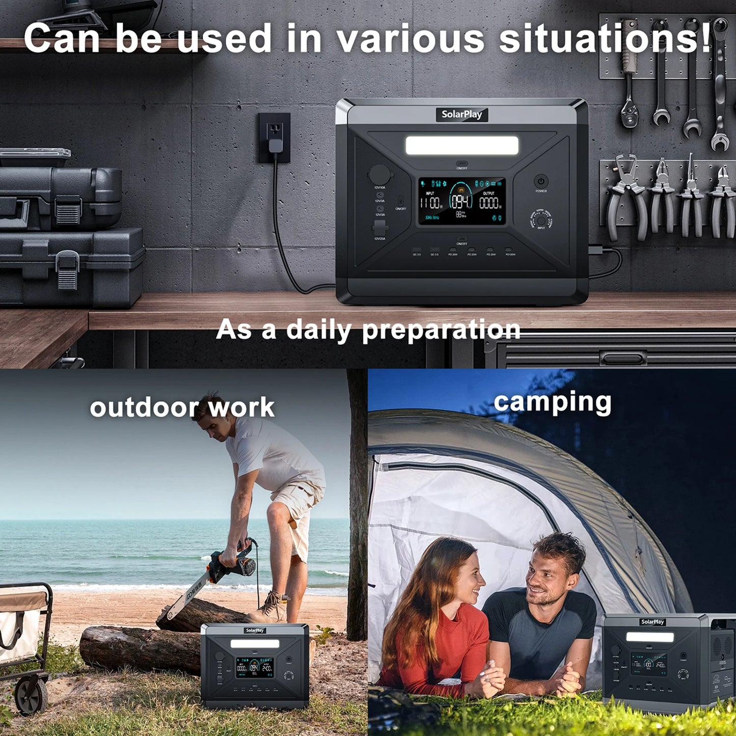 SolarPlay Q2501 Portable Power Station 2400W LiFePO4 Battery UPS with Trolley for Camping
