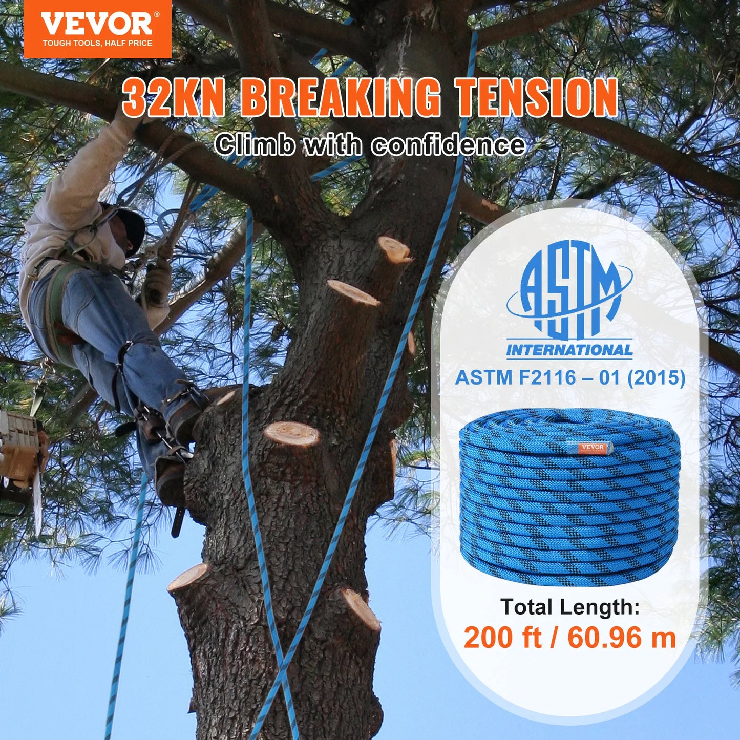 VEVOR 12.7mm Static Climbing Rope 125ft 150ft 200ft 30KN Breaking Strength with Steel Hooks