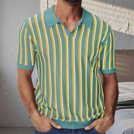 Men's Fit Striped Knit Shirt with Lapel V Neck - Stylish Summer Streetwear Top