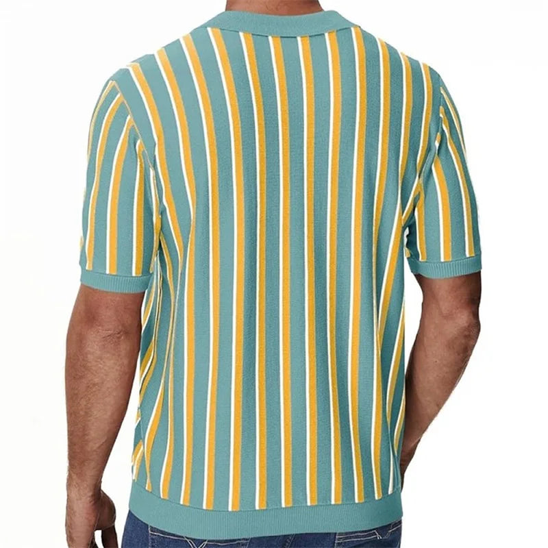 Men's Fit Striped Knit Shirt with Lapel V Neck - Stylish Summer Streetwear Top