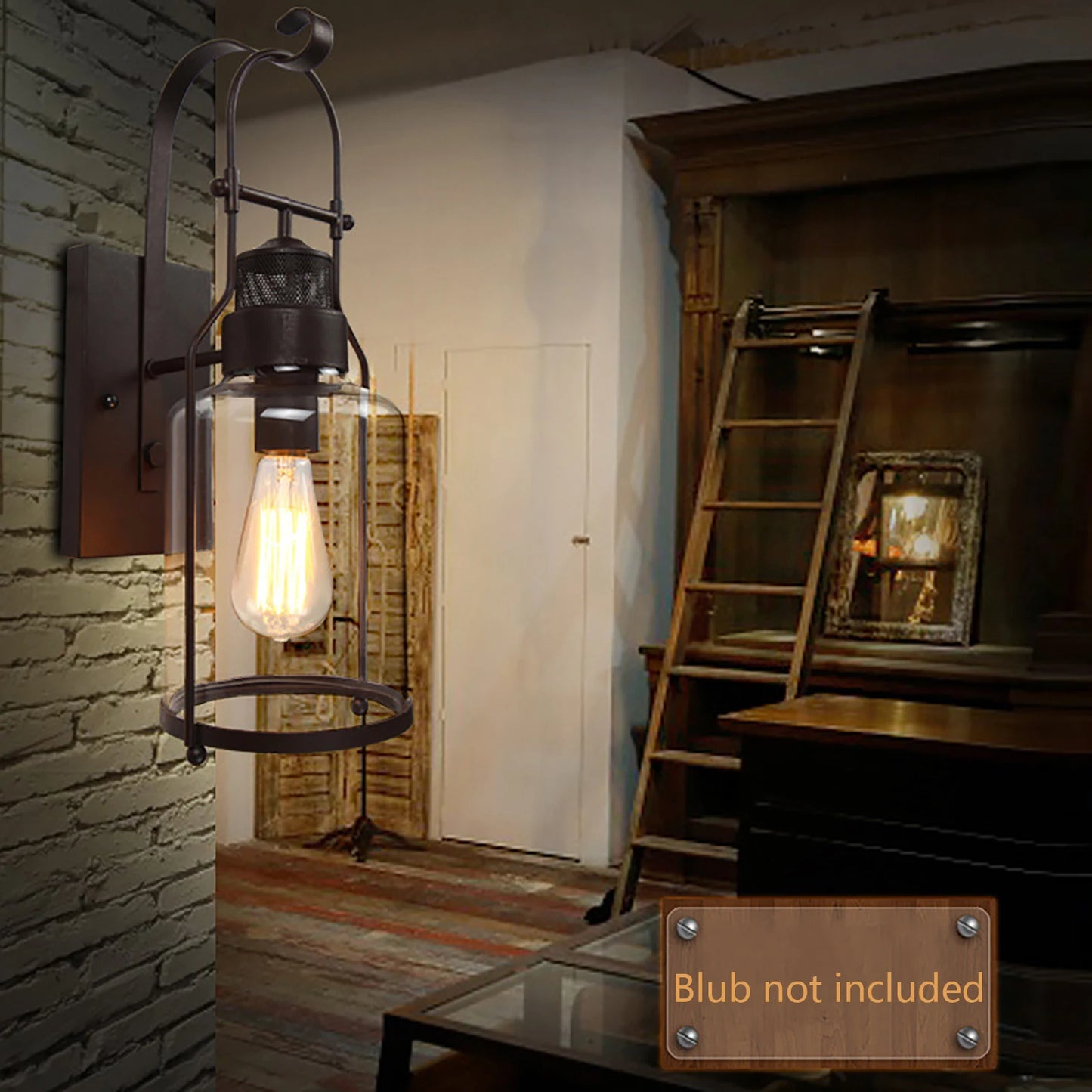 Vintage Wall Light – Retro Industrial Lamp with Iron Frame and Clear Glass Shade for Bedroom and Living Room