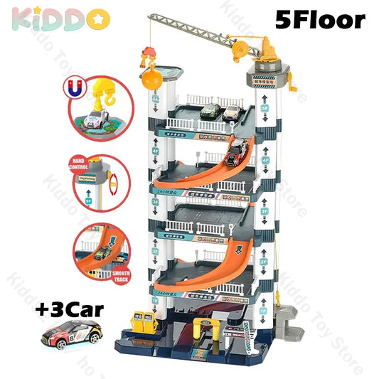 Kids Five-Story Rail Track Parking Building Toy Hand-Cranked Racing Car Adventure Game