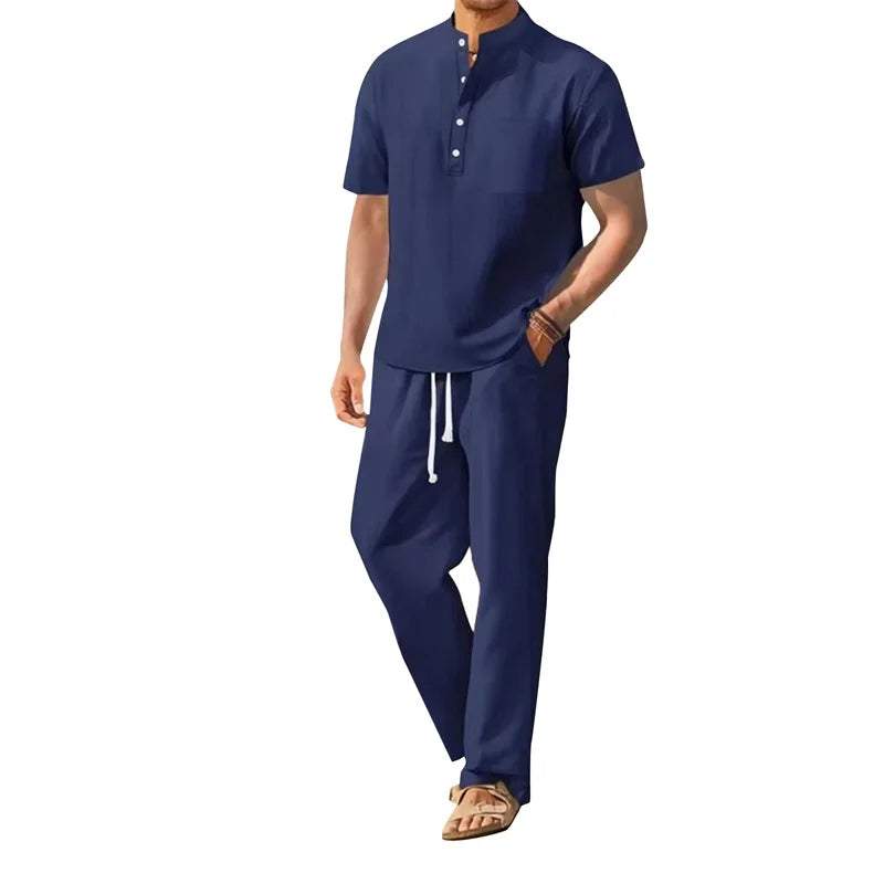 Men's Casual 2 Piece Outfit Short Sleeve Henley Top and Drawstring Pants Set